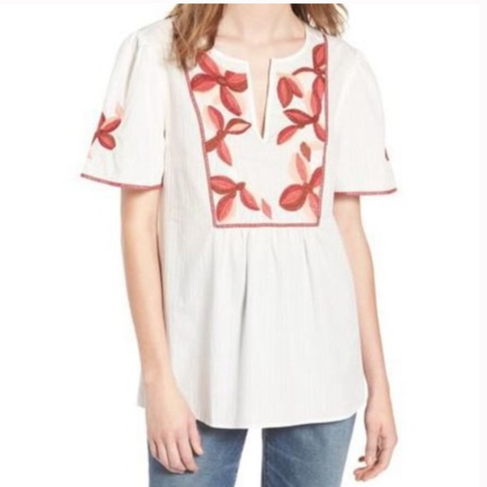 MADEWELL White Fable Embroidered Floral Short Sleeve Smock top, Size‎ XXS